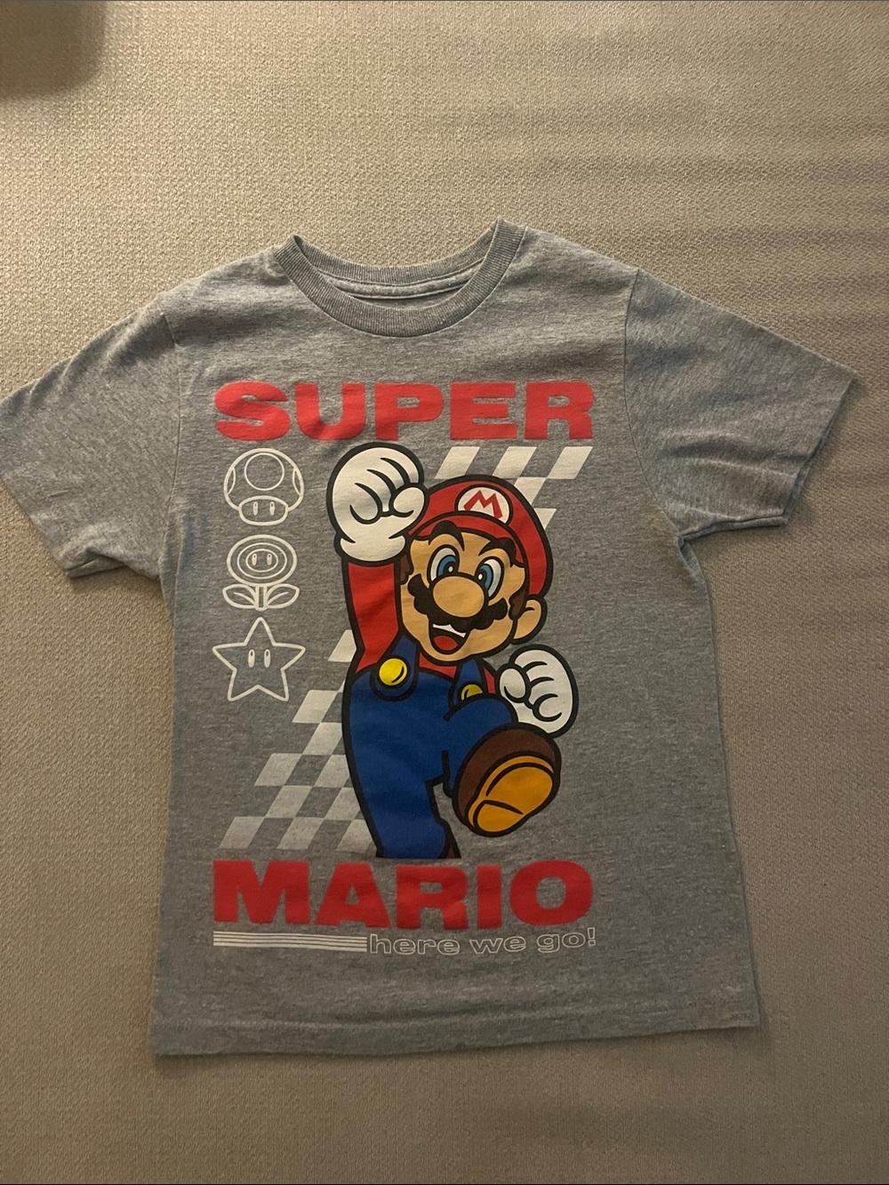Nintendo Gray Super Mario Graphic Tee with Red, Blue, Yellow Accents